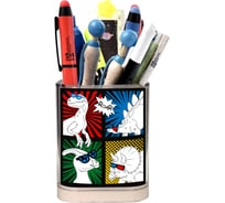 Подставка для канцелярских принадлежностей Феникс+ ДИНО-КОМИКС 8,2x10,3x8,2 см, полистирол, цвет: голубой, жёлтый, зеленый, красный, черный, полноцветная печать, 1 отделение, ПЭТ-пакет 62677