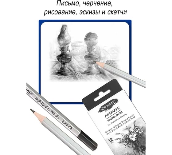 Набор чернографитных карандашей ACMELIAE ArtMate 12 твердостей 4H, 3H, 2H, H, B, 2B, 3B, 4B, 5B, 6B, 7B, 8B в картоне 43595a