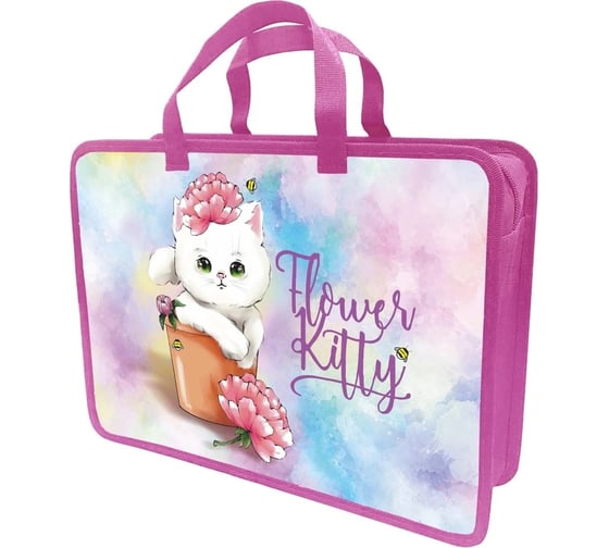 Папка-портфель flower kitty, а4, 34x24,5x7 см, 1 отделение, на молнии, с ручками, печать по пластику с двух сторон LAMARK DC0035-12