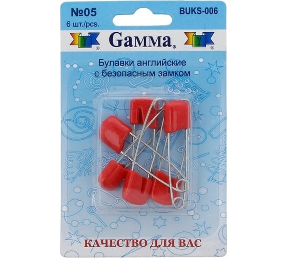 Английские булавки Gamma BUKS-006 с безопасным замком, в блистере, 6 шт, 40 мм, 05 красный 185892 1