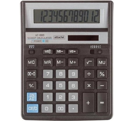 Настольный полноразмерный калькулятор Attache af-888, 12-разрядный, двойное питание, 204x158 мм, черно-серый 1550712