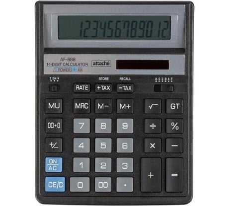 Настольный полноразмерный калькулятор Attache af-888, 14-разрядный, двойное питание, 204x158 мм, черный 1572676
