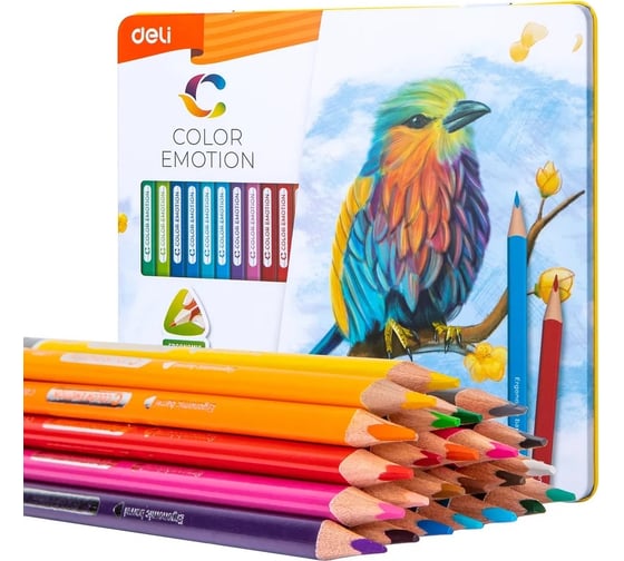 Цветные карандаши DELI EC00225 Color Emotion трехгранные, липа, 24 цвета, металлическая коробка, 24 шт 13623 1028822
