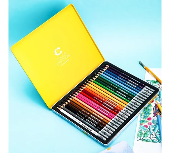 Цветные карандаши DELI EC00225 Color Emotion трехгранные, липа, 24 цвета, металлическая коробка, 24 шт 13623 1028822