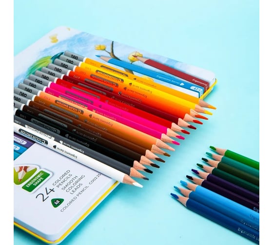 Цветные карандаши DELI EC00225 Color Emotion трехгранные, липа, 24 цвета, металлическая коробка, 24 шт 13623 1028822