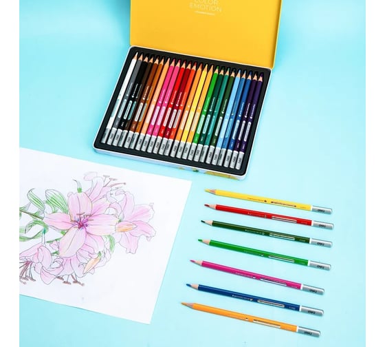 Цветные карандаши DELI EC00225 Color Emotion трехгранные, липа, 24 цвета, металлическая коробка, 24 шт 13623 1028822