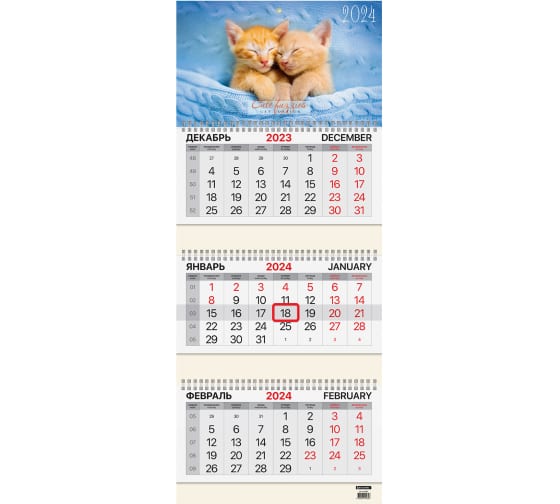 Квартальный календарь BRAUBERG на 2024 г., 3 блока, 3 гребня, с бегунком, мелованная бумага, Милые котята 115292 1