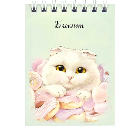 Блокнот Феникс + Кот с пончиком А7, 40 л,блок - белый офсет 65 г/кв.м., клетка, гребень, УФ-лак сплошной 64385