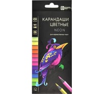 Набор деревянных цветных карандашей Феникс + НЕОН 12 цветов, 8.6х17.8х0.85 см, круглый корпус, черное дерево, золотое тиснение на корпусе, грифель 3 мм, заточенные 64100