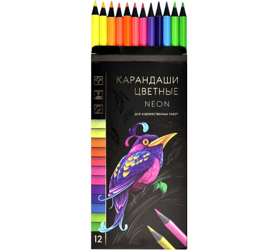Набор деревянных цветных карандашей Феникс + НЕОН 12 цветов, 8.6х17.8х0.85 см, круглый корпус, черное дерево, золотое тиснение на корпусе, грифель 3 мм, заточенные 64100