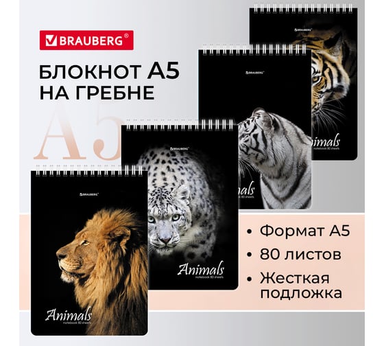 Блокнот BRAUBERG А5, 146x206 мм, 80 л., гребень, картон, жесткая подложка, клетка, Хищники 114385