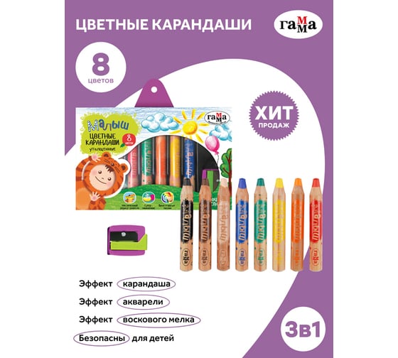 Цветные карандаши Гамма малыш, 8 цветов, утолщенные, заточные, с точилкой, картонная упаковка, европодвес 051218_03