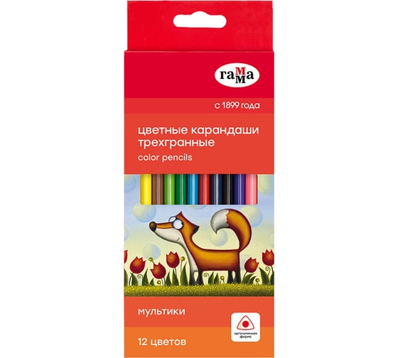 Цветные карандаши Гамма мультики, 12 цветов, трехгранные, заточные, картонная упаковка, европодвес 290122_12