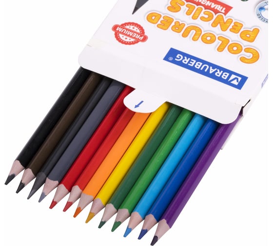 Цветные карандаши BRAUBERG Premium пластиковые, 12 цветов, 1 чернографитный карандаш, трехгранный корпус, грифель 3 мм 181936