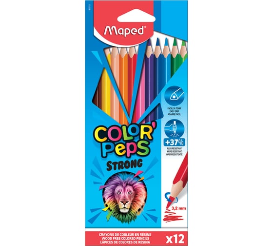 Цветные карандаши Maped Color Pep's Strong, набор 12 цветов, грифель 3,2 мм, пластиковый корпус 862712 181988