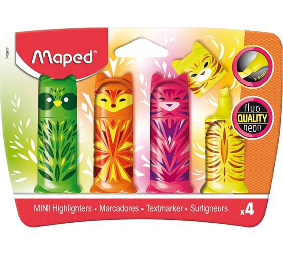Набор текстовыделителей Maped Mini Friends 4 шт., мини, Ассорти, Fluo Pep's, линия 1-5 мм, 743677 152502 1