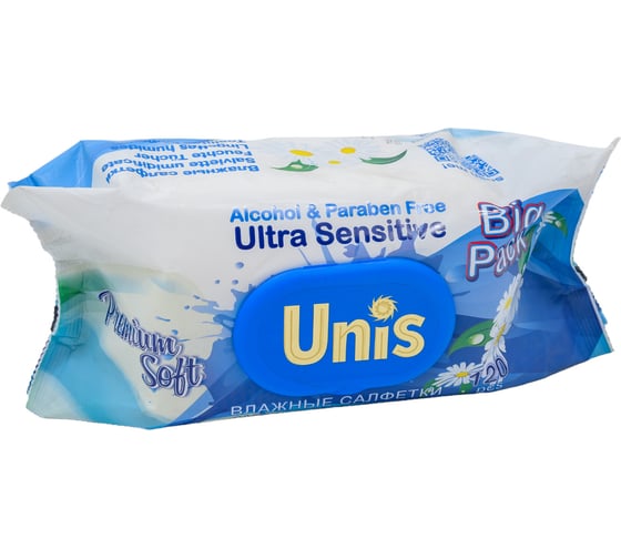 Универсальные салфетки для всей семьи Unis 120 шт., с клапаном, с экстрактом ромашки 4657778190486