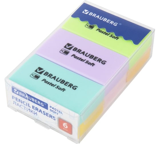 Ластики BRAUBERG Pastel Soft Набор 6 шт., размер ластика 45x25x10 мм, экологичный ПВХ 271340