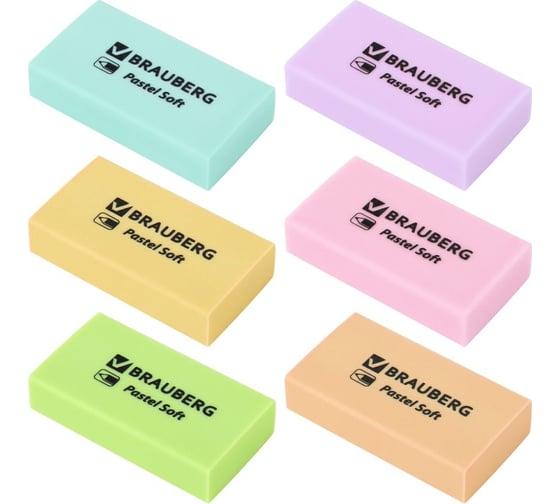 Ластики BRAUBERG Pastel Soft Набор 6 шт., размер ластика 45x25x10 мм, экологичный ПВХ 271340