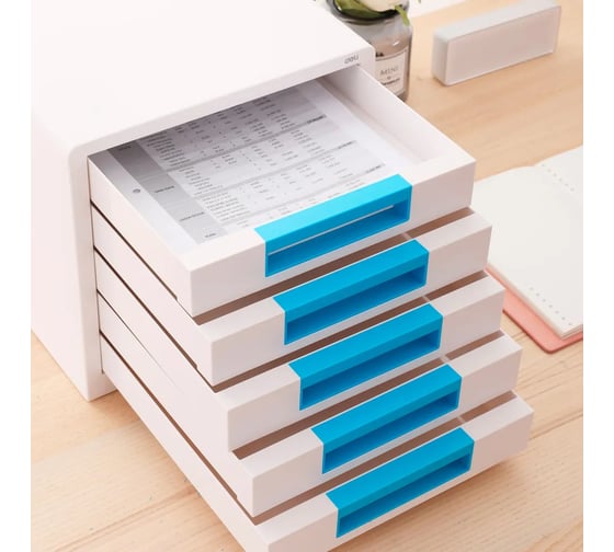 Бокс для документов DELI EZ01033 Rio 5 выдвижных ящиков, 277x344x259 мм, белый/голубой, пластик 1137369