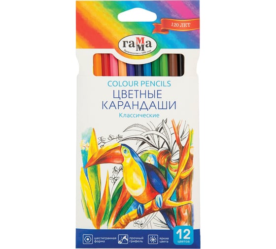 Цветные карандаши Гамма классические, 12цв., заточен., картон. упаковка, европодвес 050918_02 1
