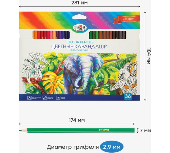 Цветные карандаши Гамма Классические, 36цв., заточен., картон. упаковка, европодвес 050918_05