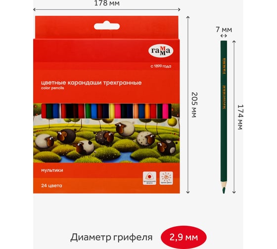 Цветные карандаши Гамма Мультики, 24цв., трехгранные, заточенные, европодвес 290122_24