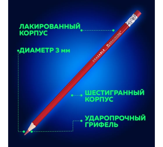 Цветные карандаши BRAUBERG Erasable стираемые, с ластиком, 12 цветов, мягкий грифель, 3 мм 181932