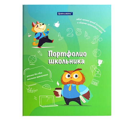 Папка-портфолио BRAUBERG школьника Отличник, 4 кольца, 20 файлов, 10 вкладышей, 7БЦ матовая 115240