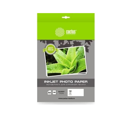 Фотобумага CACTUS CS-GA4180100ED A4, 180 г/м2, 100 листов, белый глянцевое для струйной печати 1033514 1