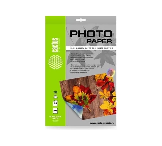 Фотобумага CACTUS CS-MA4220100DS A4, 220 г/м2, 100 листов, белый матовое/матовое для струйной печати 1033413