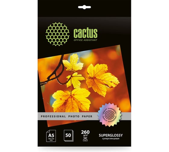 Фотобумага CACTUS Prof CS-HGA526050 A5/260 г/м2, 50 листов, белый глянцевое для струйной печати 1915194 1
