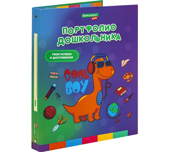 Папка-портфолио дошкольника BRAUBERG Kids Динозавр, 4 кольца, 20 файлов, 10 вкладышей, 7БЦ матовая 115238