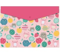 Папка для школьных тетрадей Феникс+ Коты-фрукты пластиковая, полипропилен, формат А4, 33x23.5 см, 1 отделение, кнопка, УФ-печать 51156