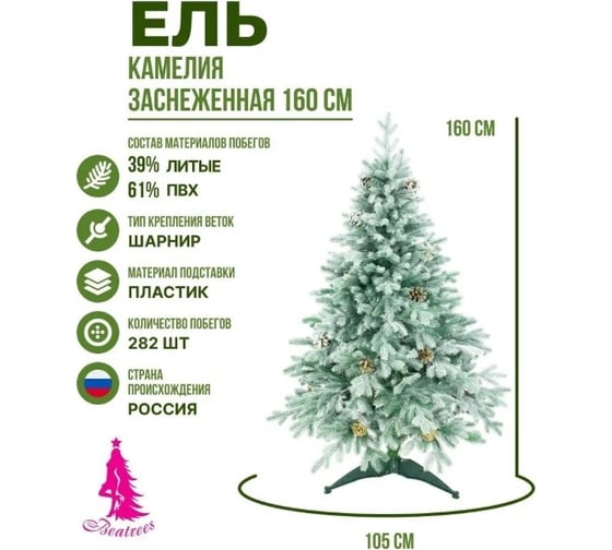 Ель BEATREES Камелия зеленая заснеженная с шишками 1.6 м 1035216