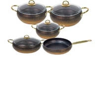 Набор посуды OMS collection антипригарное покрытие, 9 (5/4) предметов, крышки стеклянные, черный/золотой, ручки сталь 3510-Gd