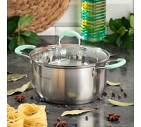 Нержавеющая кастрюля DANIKS 3.4 л, с крышкой стекло, силиконовые мятные ручки, круглая, гринери, sd-23-20, индукция 451816