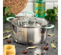 Нержавеющая кастрюля DANIKS 5.8 л, с крышкой стекло, силиконовые мятные ручки, круглая, гринери, sd-23-24, индукция 451818