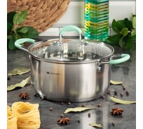 Нержавеющая кастрюля DANIKS 4.5 л, с крышкой стекло, силиконовые мятные ручки, круглая, гринери, sd-23-22, индукция 451817