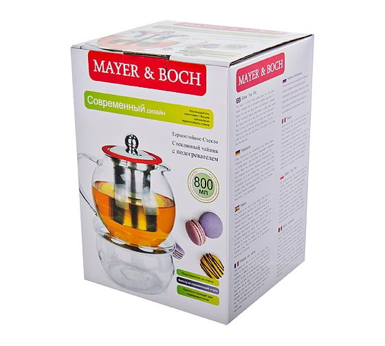 Чайник MAYER&BOCH стекло 800 мл + подогрев, сито МВ (х12) 25674