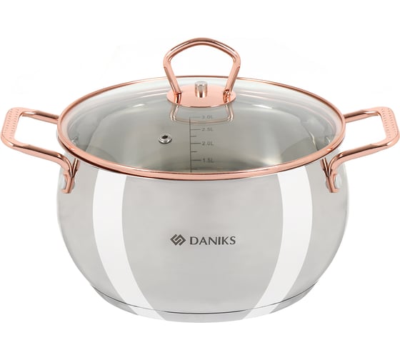 Кастрюля DANIKS 3.4 л, нержавеющая сталь, крышка стекло, карлин, gs-01332g-20, индукция 397609 1