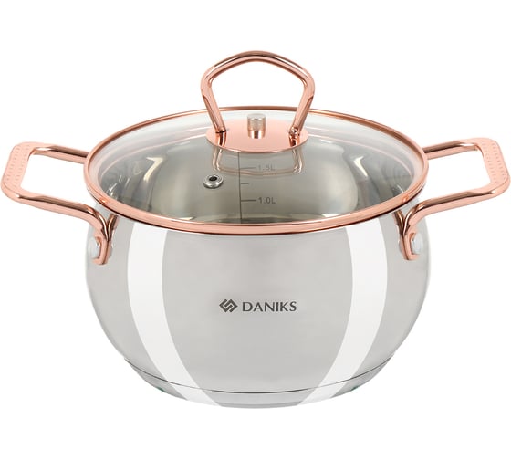 Кастрюля DANIKS 1.8 л, нержавеющая сталь, крышка стекло, карлин, gs-01332g-16, серебристый, индукция 397607 1