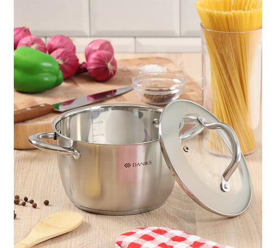 Кастрюля DANIKS 2.7 л, нержавеющая сталь, крышка стекло, перл, gs-01205-18, индукция 397613