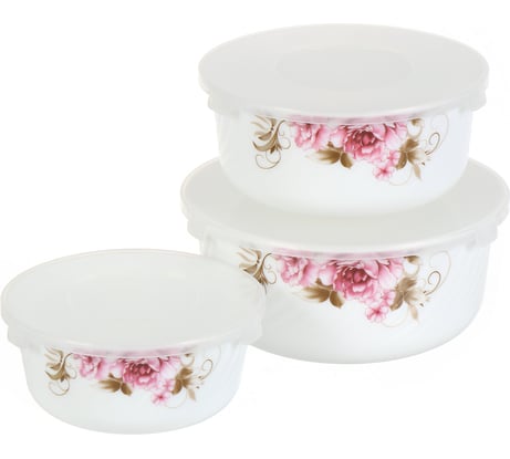 Салатник DANIKS стеклокерамика, круглый, 3 шт, 19, 16, 14 см, 0.5, 0.8, 1.4 л, с крышкой, подарочная упаковка, анжелика, b 393240