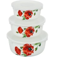 Салатник DANIKS стеклокерамика, круглый, 3 шт, 14, 16, 19 см, 0.5, 0.8, 1.4 л, с крышкой, алый мак 448963