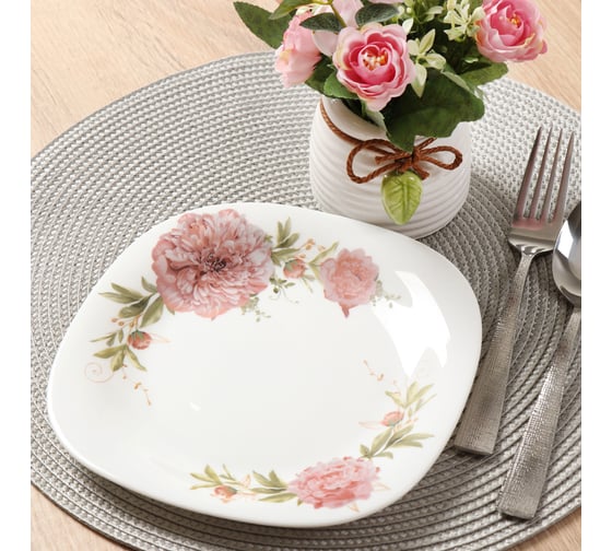 Тарелка DANIKS десертная, стеклокерамика, 19 см, квадратная, пион, ffp-85-130303/291905/nfp85t 397495