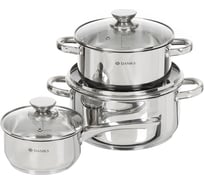 Набор посуды DANIKS нержавеющая сталь, 6 предметов, кастрюли 1.5, 3.1, 5.4 л, индукция, оптима, gs-01201-6s 358015