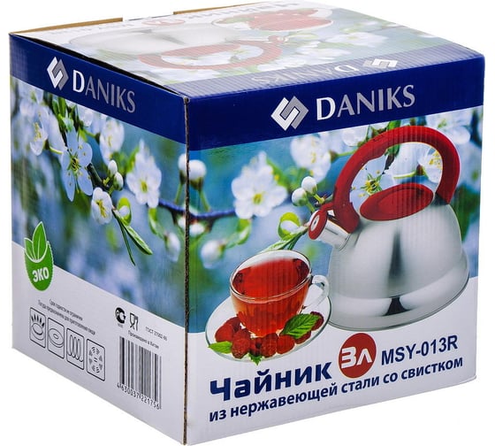 Чайник DANIKS нержавеющая сталь, 2.8 л, свисток, матовый, ручка с силиконовым покрытием, красный, msy-013r 296817