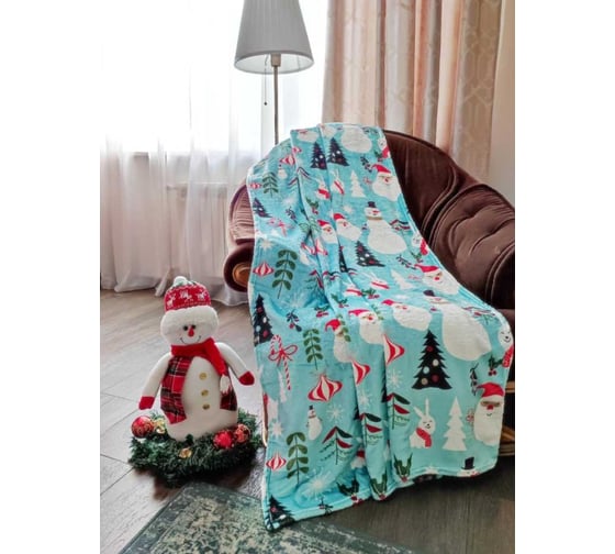 Однослойный плед Зимняя сказка 160x200 см, снеговики, зеленый 68004-10 1