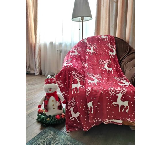 Однослойный плед Зимняя сказка 160x200 см, новогодние олени, красный 68004-6